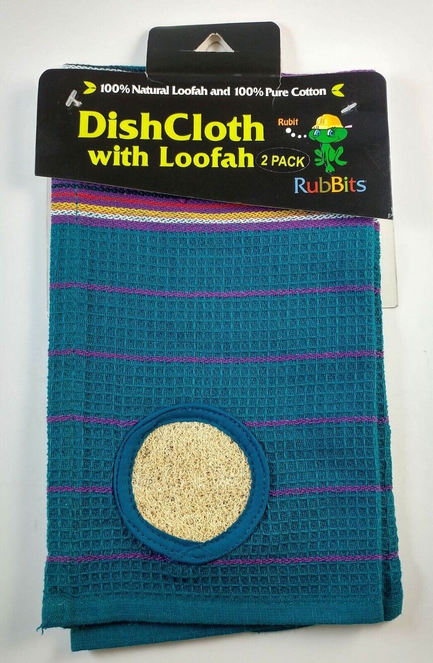 Kitchen Dishcloth Blue 100% Natural Cotton With Built In Loofah Scrubber